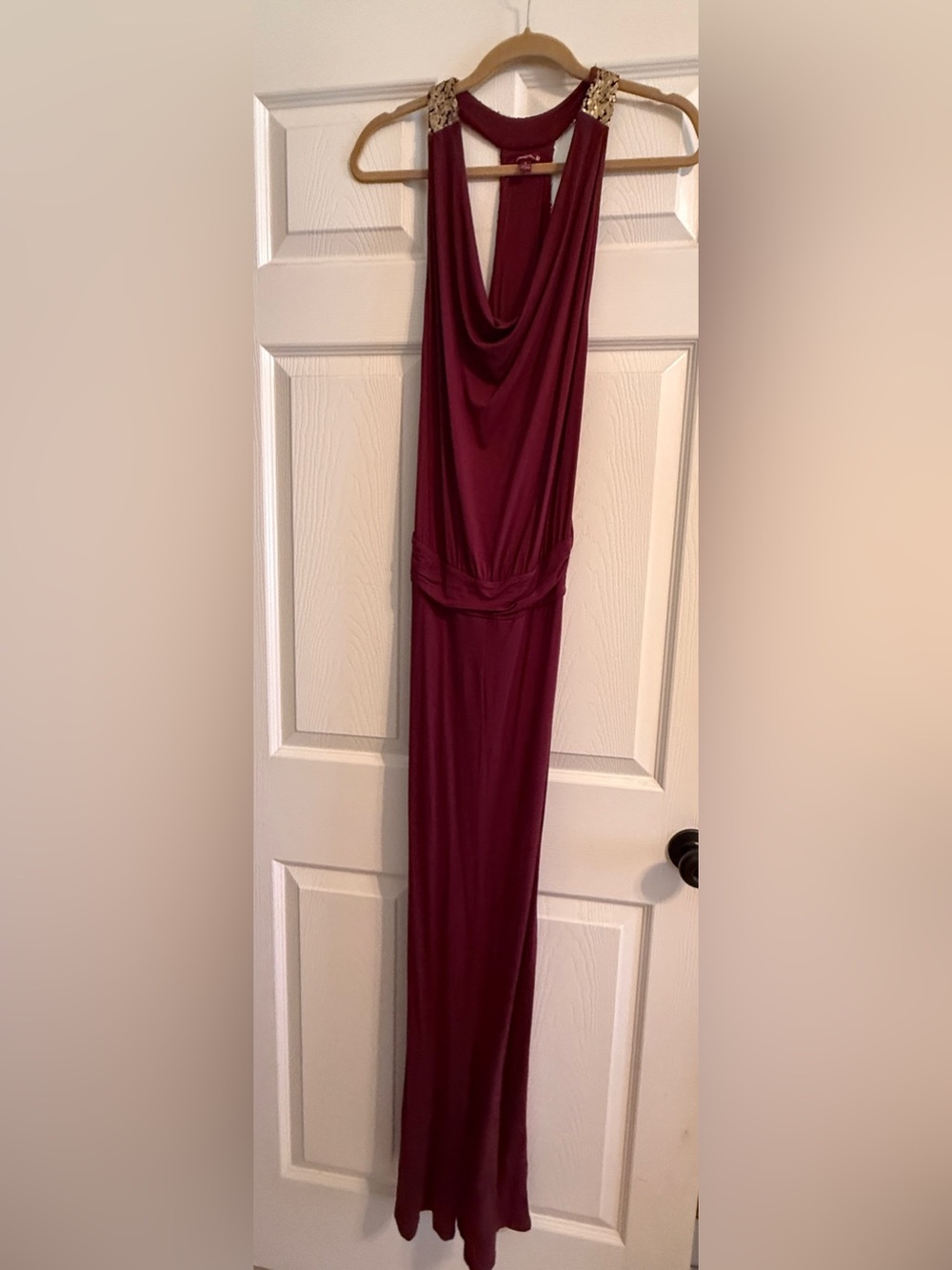 Plum Halter Maxi Dress with Gold Shoulder Accents